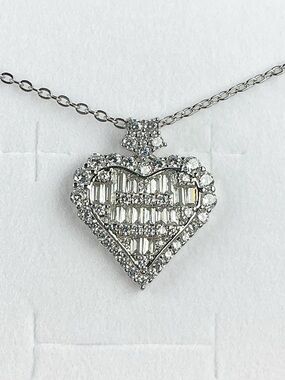 Baguette Heart Pendant Necklace Silver Sparkle Layered Love Necklace